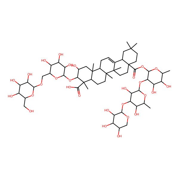 2D Structure of (2S,3R,4S,4aR,6aR,6bS,8aS,12aS,14aR,14bR)-8a-[(2S,3R,4S,5R,6R)-3-[(2S,3R,4R,5S,6S)-3,5-dihydroxy-6-methyl-4-[(2S,3R,4S,5S)-3,4,5-trihydroxyoxan-2-yl]oxyoxan-2-yl]oxy-4,5-dihydroxy-6-methyloxan-2-yl]oxycarbonyl-2-hydroxy-4,6a,6b,11,11,14b-hexamethyl-3-[(2R,3R,4S,5S,6R)-3,4,5-trihydroxy-6-[[(2R,3R,4S,5S,6R)-3,4,5-trihydroxy-6-(hydroxymethyl)oxan-2-yl]oxymethyl]oxan-2-yl]oxy-1,2,3,4a,5,6,7,8,9,10,12,12a,14,14a-tetradecahydropicene-4-carboxylic acid