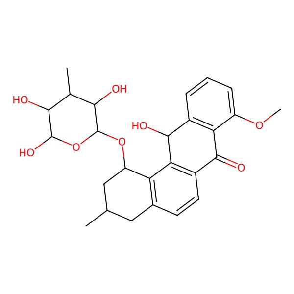 2D Structure of (3S)-12-hydroxy-8-methoxy-3-methyl-1-[(2R,3R,4R,5R,6R)-3,5,6-trihydroxy-4-methyloxan-2-yl]oxy-2,3,4,12-tetrahydro-1H-benzo[a]anthracen-7-one