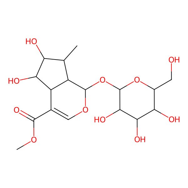 2D Structure of methyl (1S,4aS,5S,6S,7R,7aR)-5,6-dihydroxy-7-methyl-1-[(2S,3R,4S,5S,6R)-3,4,5-trihydroxy-6-(hydroxymethyl)oxan-2-yl]oxy-1,4a,5,6,7,7a-hexahydrocyclopenta[c]pyran-4-carboxylate