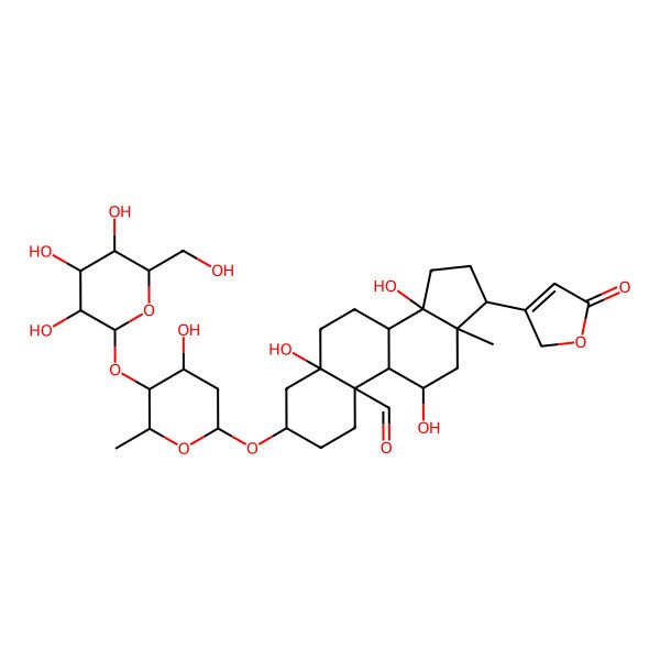2D Structure of (3S,5S,8R,9S,10S,11R,13R,14S,17R)-5,11,14-trihydroxy-3-[(2R,4S,5S,6R)-4-hydroxy-6-methyl-5-[(2S,3R,4S,5S,6R)-3,4,5-trihydroxy-6-(hydroxymethyl)oxan-2-yl]oxyoxan-2-yl]oxy-13-methyl-17-(5-oxo-2H-furan-3-yl)-2,3,4,6,7,8,9,11,12,15,16,17-dodecahydro-1H-cyclopenta[a]phenanthrene-10-carbaldehyde