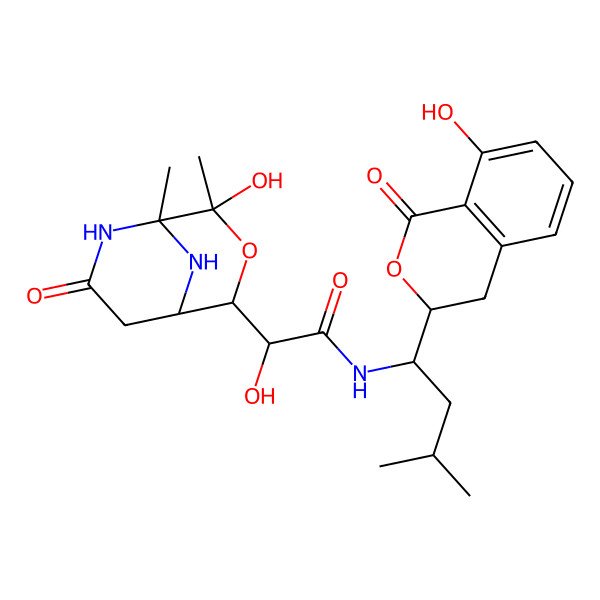 2D Structure of 2-hydroxy-2-(8-hydroxy-1,8-dimethyl-3-oxo-7-oxa-2,9-diazabicyclo[3.3.1]nonan-6-yl)-N-[1-(8-hydroxy-1-oxo-3,4-dihydroisochromen-3-yl)-3-methylbutyl]acetamide