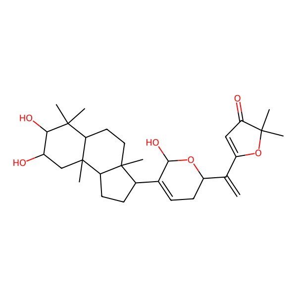 2D Structure of 5-[1-[5-(7,8-dihydroxy-3a,6,6,9a-tetramethyl-1,2,3,4,5,5a,7,8,9,9b-decahydrocyclopenta[a]naphthalen-3-yl)-6-hydroxy-3,6-dihydro-2H-pyran-2-yl]ethenyl]-2,2-dimethylfuran-3-one