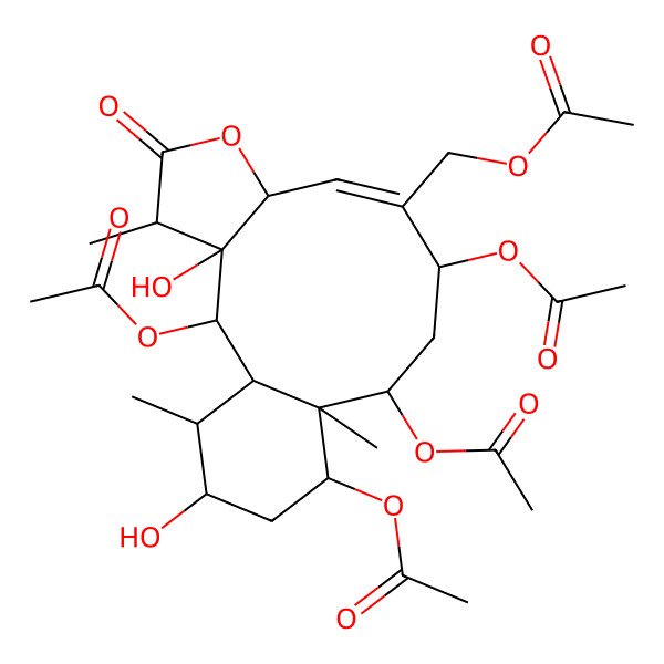 2D Structure of [(1S,2R,3S,4R,7S,8Z,10R,12S,13R,14S,16S,17R)-2,10,12,14-tetraacetyloxy-3,16-dihydroxy-4,13,17-trimethyl-5-oxo-6-oxatricyclo[11.4.0.03,7]heptadec-8-en-9-yl]methyl acetate