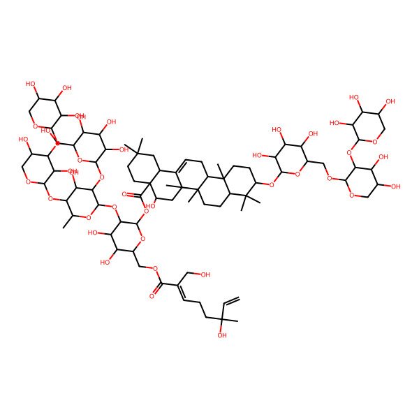 2D Structure of [3-[5-[3,5-Dihydroxy-4-(3,4,5-trihydroxyoxan-2-yl)oxyoxan-2-yl]oxy-4-hydroxy-6-methyl-3-[3,4,5-trihydroxy-6-(hydroxymethyl)oxan-2-yl]oxyoxan-2-yl]oxy-4,5-dihydroxy-6-[[6-hydroxy-2-(hydroxymethyl)-6-methylocta-2,7-dienoyl]oxymethyl]oxan-2-yl] 10-[6-[[4,5-dihydroxy-3-(3,4,5-trihydroxyoxan-2-yl)oxyoxan-2-yl]oxymethyl]-3,4,5-trihydroxyoxan-2-yl]oxy-5-hydroxy-2,2,6a,6b,9,9,12a-heptamethyl-1,3,4,5,6,6a,7,8,8a,10,11,12,13,14b-tetradecahydropicene-4a-carboxylate
