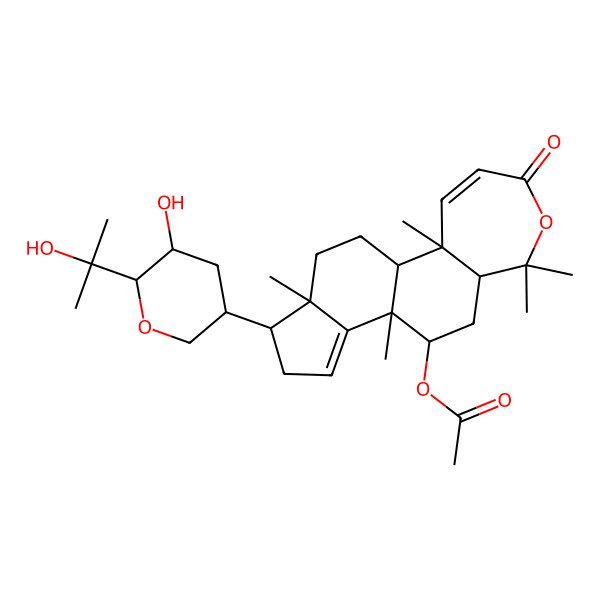 2D Structure of [1-[5-Hydroxy-6-(2-hydroxypropan-2-yl)oxan-3-yl]-3b,6,6,10a,12a-pentamethyl-8-oxo-1,2,4,5,5a,10b,11,12-octahydroindeno[5,4-g][2]benzoxepin-4-yl] acetate