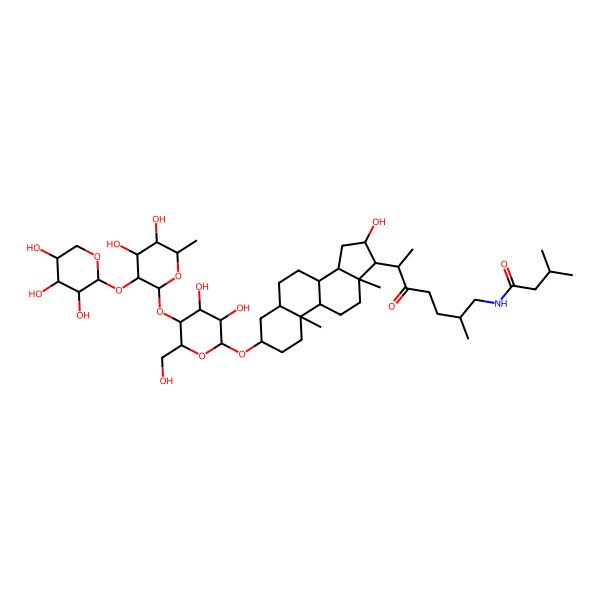 2D Structure of N-[(2R,6S)-6-[(3S,5S,8R,9S,10S,13S,14S,16R,17R)-3-[(2R,3R,4R,5S,6R)-5-[(2S,3R,4R,5R,6S)-4,5-dihydroxy-6-methyl-3-[(2S,3R,4S,5R)-3,4,5-trihydroxyoxan-2-yl]oxyoxan-2-yl]oxy-3,4-dihydroxy-6-(hydroxymethyl)oxan-2-yl]oxy-16-hydroxy-10,13-dimethyl-2,3,4,5,6,7,8,9,11,12,14,15,16,17-tetradecahydro-1H-cyclopenta[a]phenanthren-17-yl]-2-methyl-5-oxoheptyl]-3-methylbutanamide