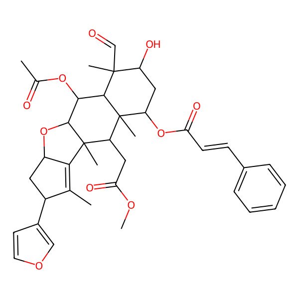 2D Structure of [(1S,2R,3R,4S,5R,7S,8R,9R,10R,13R,15R)-2-acetyloxy-4-formyl-13-(furan-3-yl)-5-hydroxy-9-(2-methoxy-2-oxoethyl)-4,8,10,12-tetramethyl-16-oxatetracyclo[8.6.0.03,8.011,15]hexadec-11-en-7-yl] (E)-3-phenylprop-2-enoate