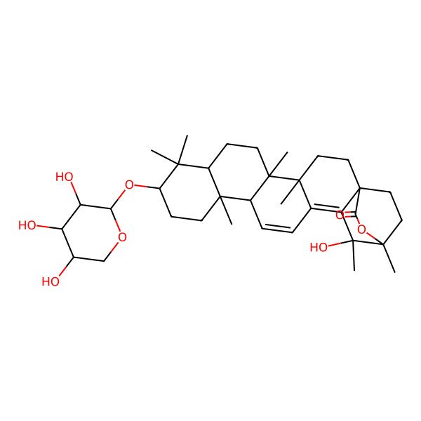 2D Structure of 19-Hydroxy-4,5,9,9,13,19,20-heptamethyl-10-(3,4,5-trihydroxyoxan-2-yl)oxy-21-oxahexacyclo[18.2.2.01,18.04,17.05,14.08,13]tetracosa-15,17-dien-22-one