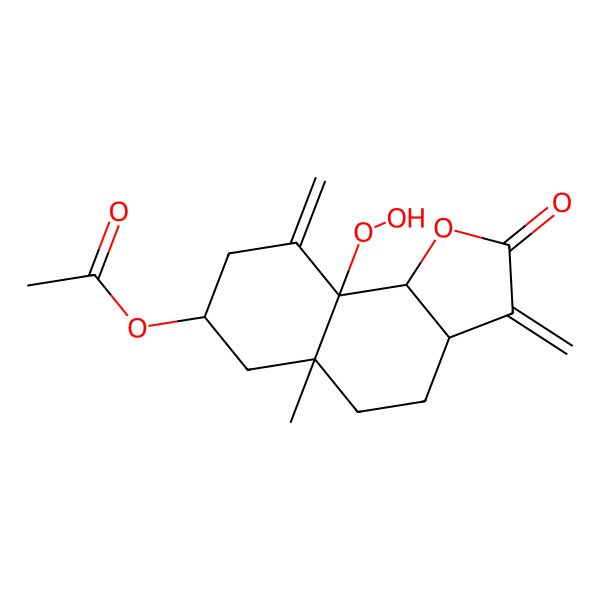 2D Structure of [(3aS,5aS,7S,9aR,9bR)-9a-hydroperoxy-5a-methyl-3,9-dimethylidene-2-oxo-4,5,6,7,8,9b-hexahydro-3aH-benzo[g][1]benzofuran-7-yl] acetate