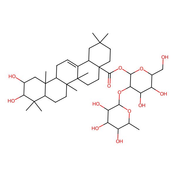 2D Structure of [(2S,3R,4S,5S,6R)-4,5-dihydroxy-6-(hydroxymethyl)-3-[(2S,3R,4R,5R,6S)-3,4,5-trihydroxy-6-methyloxan-2-yl]oxyoxan-2-yl] (4aS,6aR,6aS,6bR,8aR,10R,11R,12aR,14bS)-10,11-dihydroxy-2,2,6a,6b,9,9,12a-heptamethyl-1,3,4,5,6,6a,7,8,8a,10,11,12,13,14b-tetradecahydropicene-4a-carboxylate