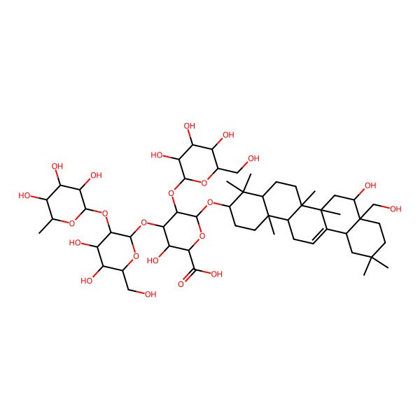 2D Structure of (2S,3S,4S,5R,6S)-6-[[(3S,4aR,6aR,6bS,8R,8aS,12aS,14aR,14bR)-8-hydroxy-8a-(hydroxymethyl)-4,4,6a,6b,11,11,14b-heptamethyl-1,2,3,4a,5,6,7,8,9,10,12,12a,14,14a-tetradecahydropicen-3-yl]oxy]-4-[(2R,3R,4S,5R,6R)-4,5-dihydroxy-6-(hydroxymethyl)-3-[(2R,3R,4R,5R,6S)-3,4,5-trihydroxy-6-methyloxan-2-yl]oxyoxan-2-yl]oxy-3-hydroxy-5-[(2S,3R,4S,5S,6R)-3,4,5-trihydroxy-6-(hydroxymethyl)oxan-2-yl]oxyoxane-2-carboxylic acid