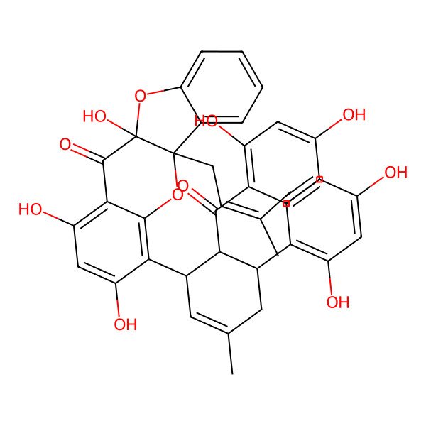2D Structure of (5aS,10aR)-4-[(1R,5S,6R)-6-(2,4-dihydroxybenzoyl)-5-(2,4-dihydroxyphenyl)-3-methylcyclohex-2-en-1-yl]-1,3,10a-trihydroxy-5a-(3-methylbut-2-enyl)-[1]benzofuro[3,2-b]chromen-11-one