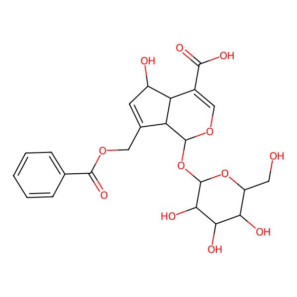 2D Structure of 7-(Benzoyloxymethyl)-5-hydroxy-1-[3,4,5-trihydroxy-6-(hydroxymethyl)oxan-2-yl]oxy-1,4a,5,7a-tetrahydrocyclopenta[c]pyran-4-carboxylic acid