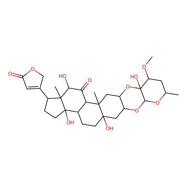 2D Structure of 1,10,17,22-tetrahydroxy-9-methoxy-7,14,18-trimethyl-19-(5-oxo-2H-furan-3-yl)-4,6,11-trioxahexacyclo[12.11.0.03,12.05,10.015,23.018,22]pentacosan-16-one