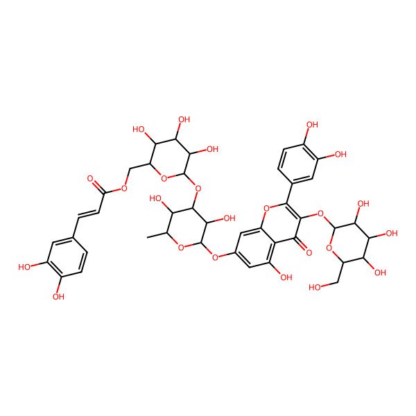 2D Structure of [(2R,3S,4S,5R,6S)-6-[(2S,3R,4R,5S,6S)-2-[2-(3,4-dihydroxyphenyl)-5-hydroxy-4-oxo-3-[(2S,3R,4S,5S,6R)-3,4,5-trihydroxy-6-(hydroxymethyl)oxan-2-yl]oxychromen-7-yl]oxy-3,5-dihydroxy-6-methyloxan-4-yl]oxy-3,4,5-trihydroxyoxan-2-yl]methyl (E)-3-(3,4-dihydroxyphenyl)prop-2-enoate