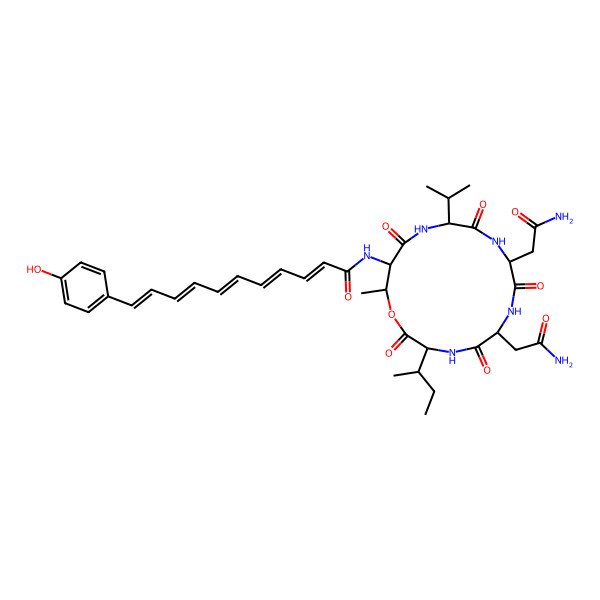 2D Structure of N-[6,9-bis(2-amino-2-oxoethyl)-3-butan-2-yl-16-methyl-2,5,8,11,14-pentaoxo-12-propan-2-yl-1-oxa-4,7,10,13-tetrazacyclohexadec-15-yl]-11-(4-hydroxyphenyl)undeca-2,4,6,8,10-pentaenamide