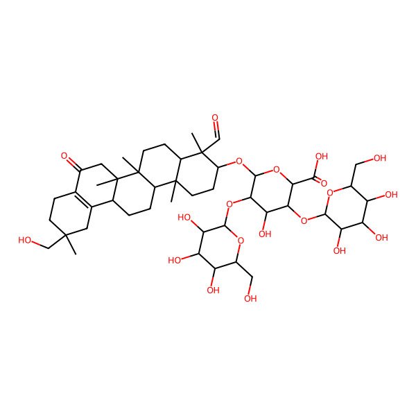2D Structure of 6-[[4-Formyl-11-(hydroxymethyl)-4,6a,6b,11,14b-pentamethyl-8-oxo-1,2,3,4a,5,6,6a,7,9,10,12,13,14,14a-tetradecahydropicen-3-yl]oxy]-4-hydroxy-3,5-bis[[3,4,5-trihydroxy-6-(hydroxymethyl)oxan-2-yl]oxy]oxane-2-carboxylic acid