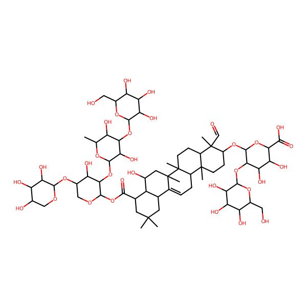 2D Structure of (2S,3S,4S,5R,6R)-6-[[(3S,4S,4aS,6aR,6bS,8R,8aS,9R,12aR,14aR,14bR)-9-[(2R,3S,4R,5R)-3-[(2S,3R,4R,5S,6S)-3,5-dihydroxy-6-methyl-4-[(2S,3R,4S,5S,6R)-3,4,5-trihydroxy-6-(hydroxymethyl)oxan-2-yl]oxyoxan-2-yl]oxy-4-hydroxy-5-[(2S,3R,4S,5R)-3,4,5-trihydroxyoxan-2-yl]oxyoxan-2-yl]oxycarbonyl-4-formyl-8-hydroxy-4,6a,6b,11,11,14b-hexamethyl-2,3,4a,5,6,7,8,8a,9,10,12,12a,14,14a-tetradecahydro-1H-picen-3-yl]oxy]-3,4-dihydroxy-5-[(2S,3R,4S,5R,6R)-3,4,5-trihydroxy-6-(hydroxymethyl)oxan-2-yl]oxyoxane-2-carboxylic acid