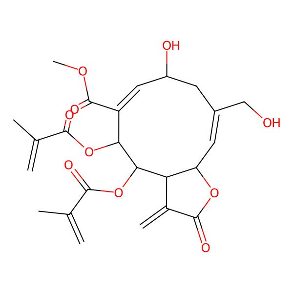 2D Structure of methyl (3aS,4S,5R,6E,8R,10E,11aR)-8-hydroxy-10-(hydroxymethyl)-3-methylidene-4,5-bis(2-methylprop-2-enoyloxy)-2-oxo-3a,4,5,8,9,11a-hexahydrocyclodeca[b]furan-6-carboxylate