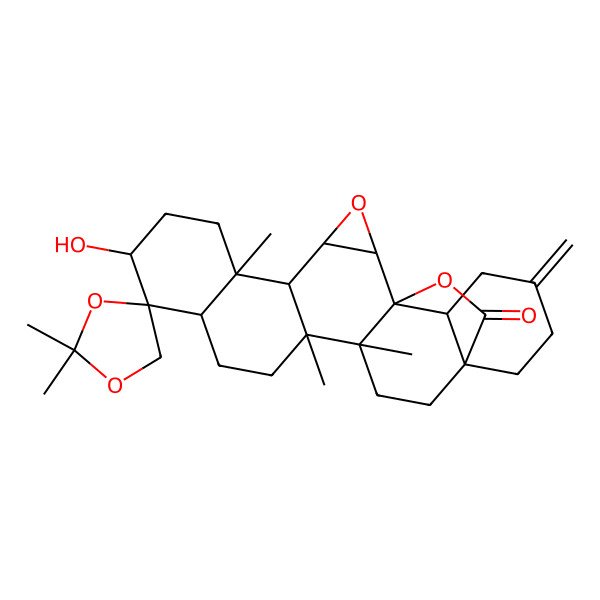 2D Structure of 9'-Hydroxy-2,2,6',14',15'-pentamethyl-21'-methylidenespiro[1,3-dioxolane-4,10'-3,24-dioxaheptacyclo[16.5.2.01,15.02,4.05,14.06,11.018,23]pentacosane]-25'-one