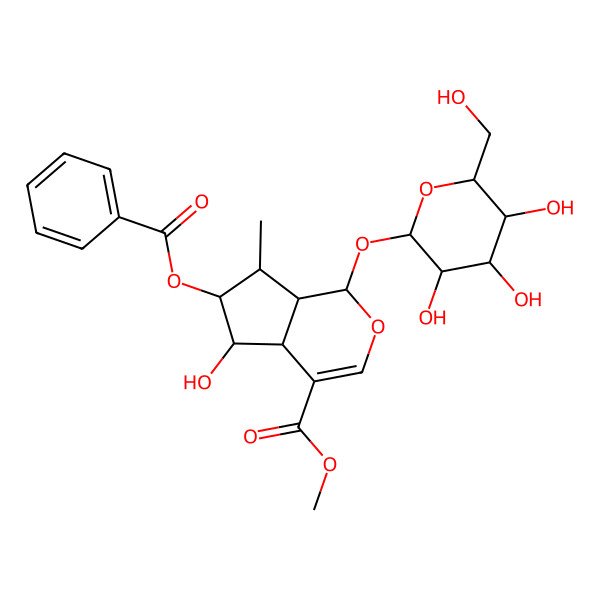 2D Structure of methyl (1S,4aS,5S,6R,7R,7aR)-6-benzoyloxy-5-hydroxy-7-methyl-1-[(2S,3R,4S,5S,6R)-3,4,5-trihydroxy-6-(hydroxymethyl)oxan-2-yl]oxy-1,4a,5,6,7,7a-hexahydrocyclopenta[c]pyran-4-carboxylate