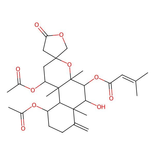 2D Structure of (1,10-Diacetyloxy-6-hydroxy-4a,6a,10b-trimethyl-7-methylidene-2'-oxospiro[1,2,5,6,8,9,10,10a-octahydrobenzo[f]chromene-3,4'-oxolane]-5-yl) 3-methylbut-2-enoate