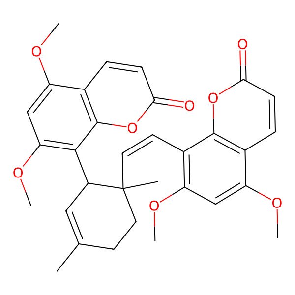 2D Structure of 8-[(E)-2-[(1R,2R)-2-(5,7-dimethoxy-2-oxochromen-8-yl)-1,4-dimethylcyclohex-3-en-1-yl]ethenyl]-5,7-dimethoxychromen-2-one