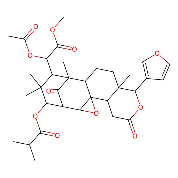 2D Structure of [15-(1-Acetyloxy-2-methoxy-2-oxoethyl)-9-(furan-3-yl)-10,14,16,16-tetramethyl-7,18-dioxo-3,8-dioxapentacyclo[12.3.1.02,4.04,13.05,10]octadecan-17-yl] 2-methylpropanoate
