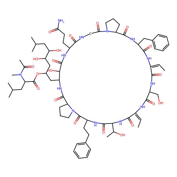 2D Structure of [1-[(25E,31Z)-6-(3-amino-3-oxopropyl)-34-benzyl-25,31-di(ethylidene)-9-hydroxy-22-(1-hydroxyethyl)-28-(hydroxymethyl)-2,5,8,12,18,21,24,27,30,33,36-undecaoxo-19-(2-phenylethyl)-1,4,7,11,17,20,23,26,29,32,35-undecazatricyclo[35.3.0.013,17]tetracontan-10-yl]-4,5-dihydroxy-7-methyloctan-2-yl] 2-[acetyl(methyl)amino]-4-methylpentanoate