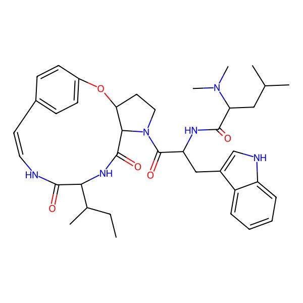 2D Structure of (2S)-N-[(2S)-1-[(3S,7S,10S,13Z)-10-[(2S)-butan-2-yl]-8,11-dioxo-2-oxa-6,9,12-triazatricyclo[13.2.2.03,7]nonadeca-1(18),13,15(19),16-tetraen-6-yl]-3-(1H-indol-3-yl)-1-oxopropan-2-yl]-2-(dimethylamino)-4-methylpentanamide