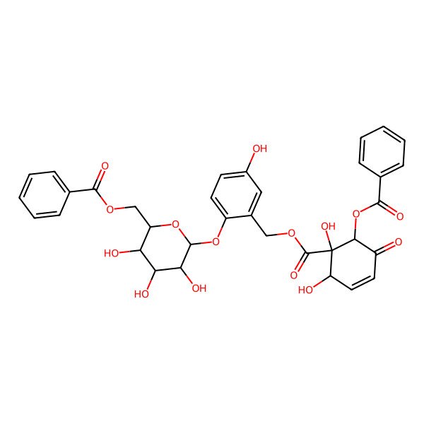 2D Structure of [2-[6-(Benzoyloxymethyl)-3,4,5-trihydroxyoxan-2-yl]oxy-5-hydroxyphenyl]methyl 6-benzoyloxy-1,2-dihydroxy-5-oxocyclohex-3-ene-1-carboxylate