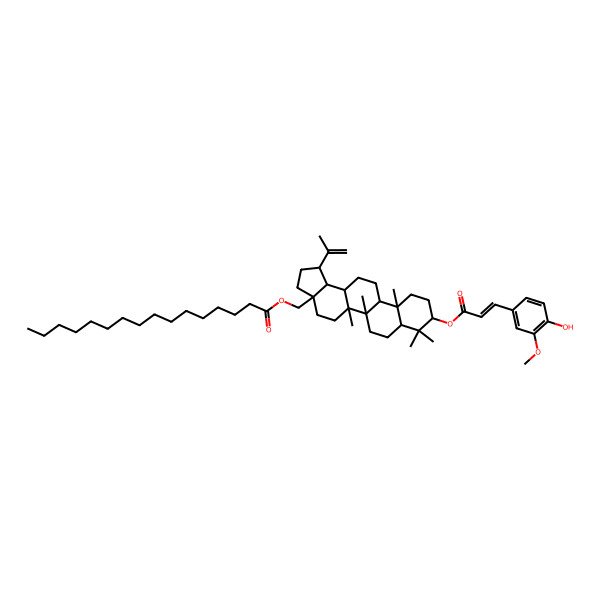 2D Structure of [9-[3-(4-Hydroxy-3-methoxyphenyl)prop-2-enoyloxy]-5a,5b,8,8,11a-pentamethyl-1-prop-1-en-2-yl-1,2,3,4,5,6,7,7a,9,10,11,11b,12,13,13a,13b-hexadecahydrocyclopenta[a]chrysen-3a-yl]methyl hexadecanoate