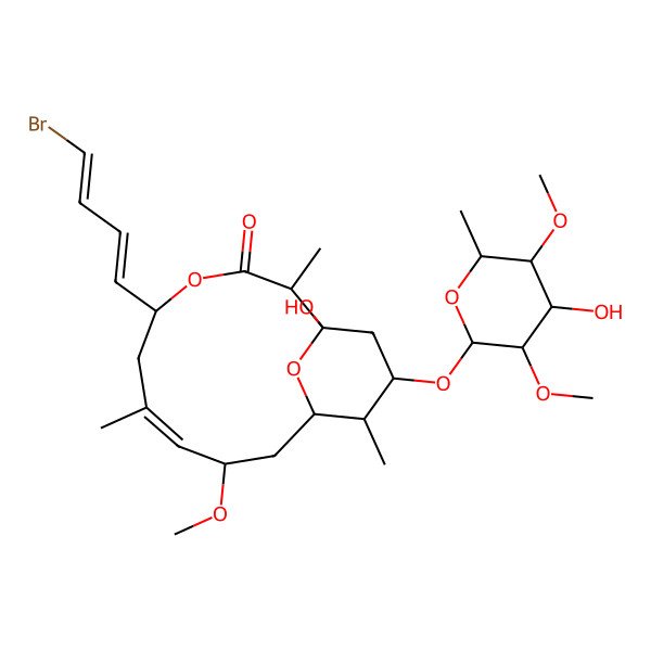 2D Structure of 5-(4-Bromobuta-1,3-dienyl)-1-hydroxy-13-(4-hydroxy-3,5-dimethoxy-6-methyloxan-2-yl)oxy-9-methoxy-2,7,12-trimethyl-4,15-dioxabicyclo[9.3.1]pentadec-7-en-3-one