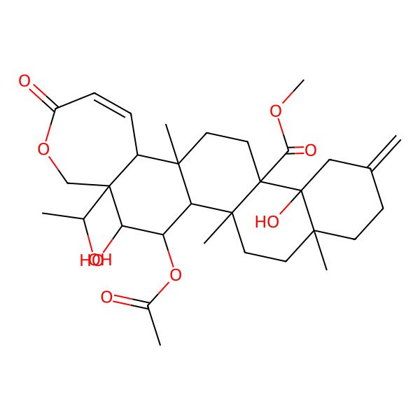 2D Structure of methyl (1S,2R,5R,10S,11S,14S,15S,21R,22R,23S)-23-acetyloxy-10,22-dihydroxy-21-(1-hydroxyethyl)-2,5,14-trimethyl-8-methylidene-18-oxo-19-oxapentacyclo[12.9.0.02,11.05,10.015,21]tricos-16-ene-11-carboxylate