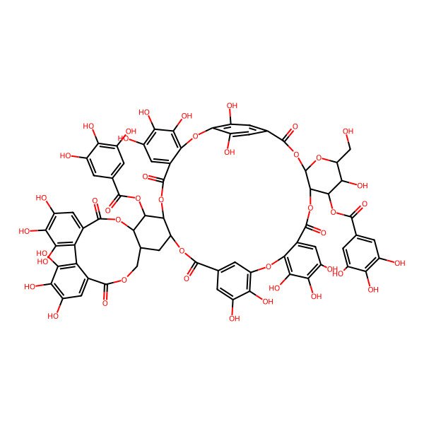2D Structure of [(11S,33R,51S,52R,55S)-4,5,6,18,19,20,23,24,25,38,39,43,44,45,52,60,61-heptadecahydroxy-53-(hydroxymethyl)-9,15,28,35,48,57-hexaoxo-12-(3,4,5-trihydroxybenzoyl)oxy-2,10,14,29,34,41,49,54,56-nonaoxadecacyclo[56.2.2.136,40.03,8.011,33.013,31.016,21.022,27.042,47.050,55]trihexaconta-1(60),3,5,7,16,18,20,22,24,26,36,38,40(63),42,44,46,58,61-octadecaen-51-yl] 3,4,5-trihydroxybenzoate