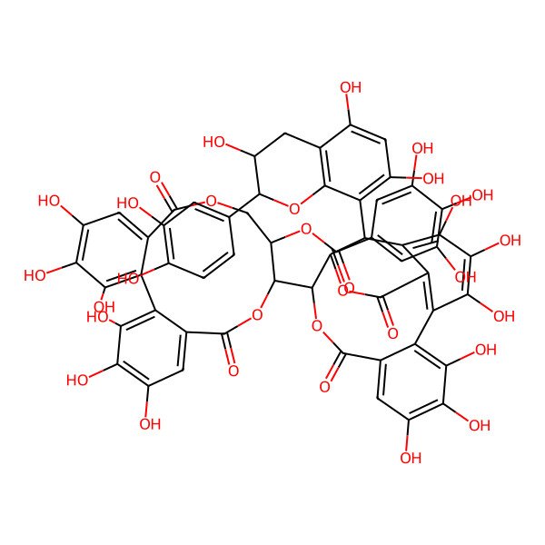 2D Structure of [(10R,11S)-10-[(14R,15S,19R)-19-[(2R,3S)-2-(3,4-dihydroxyphenyl)-3,5,7-trihydroxy-3,4-dihydro-2H-chromen-8-yl]-2,3,4,7,8,9-hexahydroxy-12,17-dioxo-13,16-dioxatetracyclo[13.3.1.05,18.06,11]nonadeca-1,3,5(18),6,8,10-hexaen-14-yl]-3,4,5,17,18,19-hexahydroxy-8,14-dioxo-9,13-dioxatricyclo[13.4.0.02,7]nonadeca-1(19),2,4,6,15,17-hexaen-11-yl] 3,4,5-trihydroxybenzoate