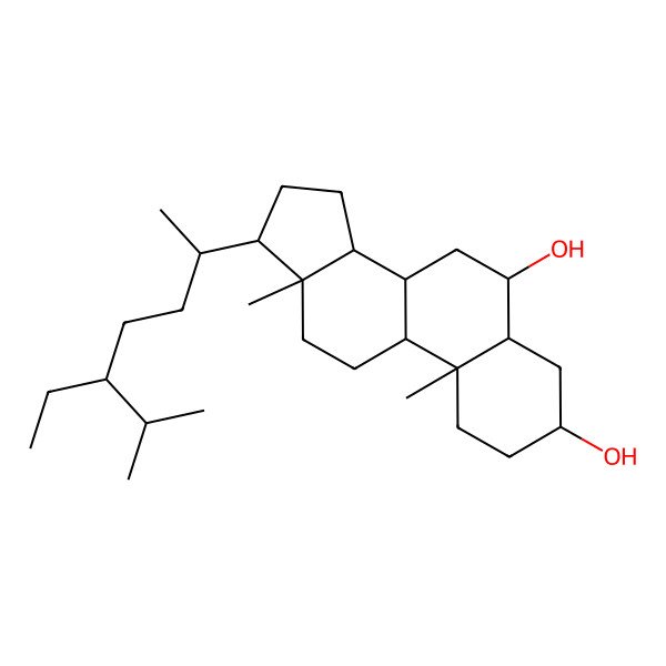 2D Structure of (3S,5S,6R,8S,9S,10R,13R,14S,17R)-17-[(2R,5S)-5-ethyl-6-methylheptan-2-yl]-10,13-dimethyl-2,3,4,5,6,7,8,9,11,12,14,15,16,17-tetradecahydro-1H-cyclopenta[a]phenanthrene-3,6-diol