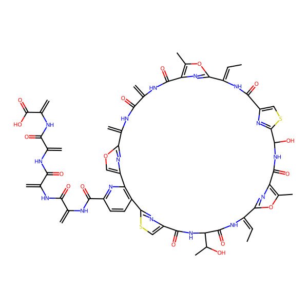 2D Structure of 2-[2-[2-[2-[[(17E,31E)-17,31-di(ethylidene)-24-hydroxy-14-(1-hydroxyethyl)-20,34-dimethyl-38,41-dimethylidene-12,15,22,29,36,39-hexaoxo-19,33,43-trioxa-9,26-dithia-3,13,16,23,30,37,40,45,46,47,48,49-dodecazaheptacyclo[40.2.1.18,11.118,21.125,28.132,35.02,7]nonatetraconta-1(44),2(7),3,5,8(49),10,18(48),20,25(47),27,32(46),34,42(45)-tridecaene-4-carbonyl]amino]prop-2-enoylamino]prop-2-enoylamino]prop-2-enoylamino]prop-2-enoic acid