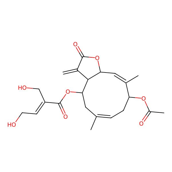2D Structure of [(3aR,4R,6E,9S,10Z,11aR)-9-acetyloxy-6,10-dimethyl-3-methylidene-2-oxo-3a,4,5,8,9,11a-hexahydrocyclodeca[b]furan-4-yl] (Z)-4-hydroxy-2-(hydroxymethyl)but-2-enoate