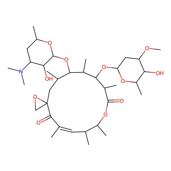 2D Structure of 6-[4-(Dimethylamino)-3-hydroxy-6-methyloxan-2-yl]oxy-8-(5-hydroxy-4-methoxy-6-methyloxan-2-yl)oxy-5,7,9,12,13,15-hexamethyl-1,11-dioxaspiro[2.13]hexadec-14-ene-10,16-dione