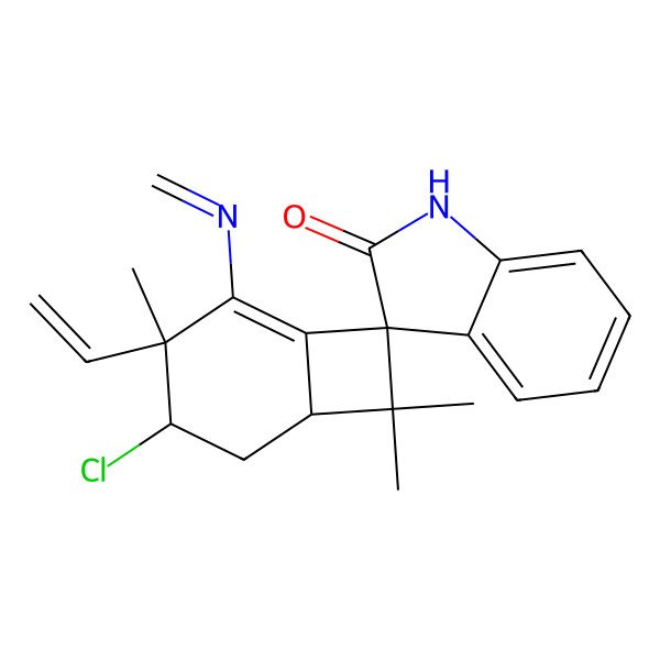2D Structure of (3S,3'S,4'R,6'R)-4'-chloro-3'-ethenyl-3',7',7'-trimethyl-2'-(methylideneamino)spiro[1H-indole-3,8'-bicyclo[4.2.0]oct-1-ene]-2-one