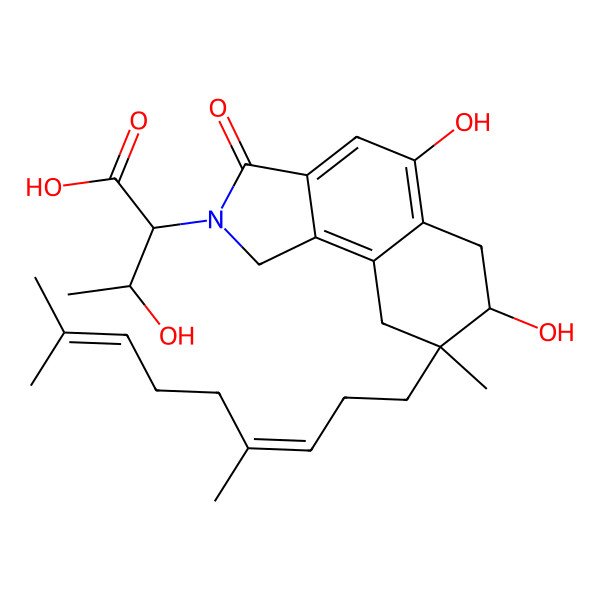 2D Structure of 2-[8-(4,8-Dimethylnona-3,7-dienyl)-5,7-dihydroxy-8-methyl-3-oxo-1,6,7,9-tetrahydrobenzo[e]isoindol-2-yl]-3-hydroxybutanoic acid
