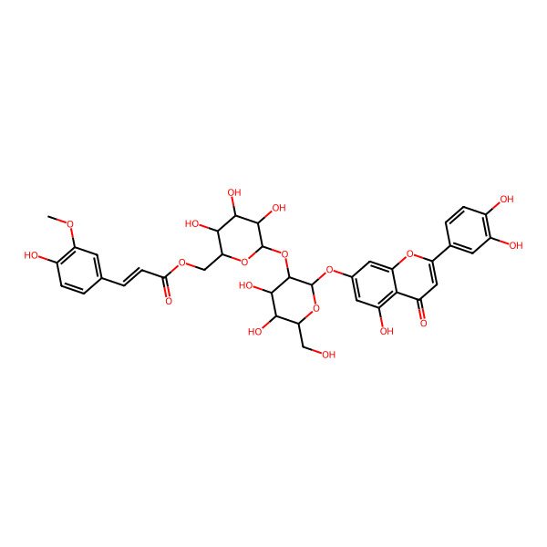 2D Structure of [(2R,3S,4S,5R,6R)-6-[(2S,3R,4S,5S,6R)-2-[2-(3,4-dihydroxyphenyl)-5-hydroxy-4-oxochromen-7-yl]oxy-4,5-dihydroxy-6-(hydroxymethyl)oxan-3-yl]oxy-3,4,5-trihydroxyoxan-2-yl]methyl (E)-3-(4-hydroxy-3-methoxyphenyl)prop-2-enoate