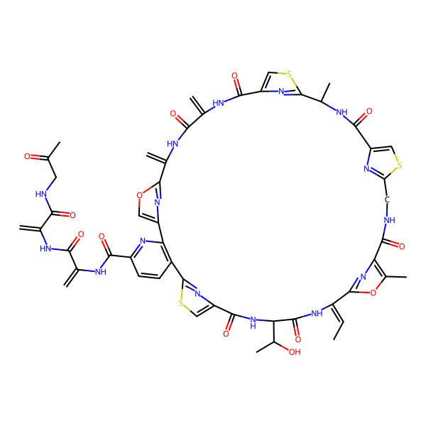 2D Structure of (14S,17E,31S)-17-ethylidene-14-[(1R)-1-hydroxyethyl]-20,31-dimethyl-38,41-dimethylidene-12,15,22,29,36,39-hexaoxo-N-[3-oxo-3-[[3-oxo-3-(2-oxopropylamino)prop-1-en-2-yl]amino]prop-1-en-2-yl]-19,43-dioxa-9,26,33-trithia-3,13,16,23,30,37,40,45,46,47,48,49-dodecazaheptacyclo[40.2.1.18,11.118,21.125,28.132,35.02,7]nonatetraconta-1(44),2(7),3,5,8(49),10,18(48),20,25(47),27,32(46),34,42(45)-tridecaene-4-carboxamide