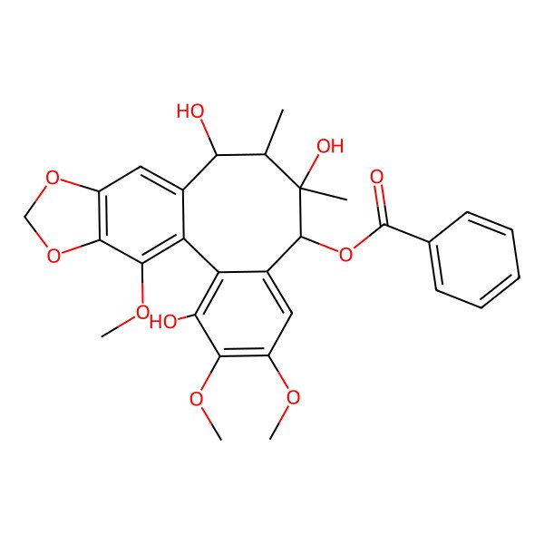 2D Structure of (3,9,11-Trihydroxy-4,5,19-trimethoxy-9,10-dimethyl-15,17-dioxatetracyclo[10.7.0.02,7.014,18]nonadeca-1(19),2,4,6,12,14(18)-hexaen-8-yl) benzoate