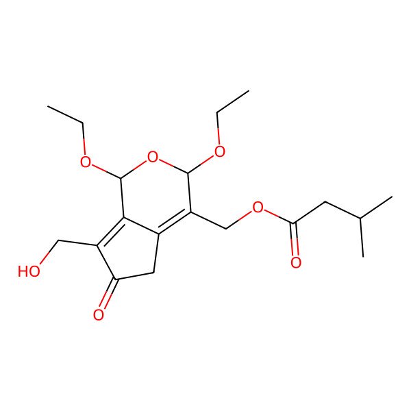 2D Structure of [(1R,3R)-1,3-diethoxy-7-(hydroxymethyl)-6-oxo-3,5-dihydro-1H-cyclopenta[c]pyran-4-yl]methyl 3-methylbutanoate