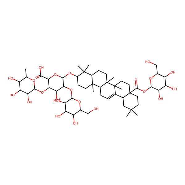 2D Structure of 6-[[4,4,6a,6b,11,11,14b-Heptamethyl-8a-[3,4,5-trihydroxy-6-(hydroxymethyl)oxan-2-yl]oxycarbonyl-1,2,3,4a,5,6,7,8,9,10,12,12a,14,14a-tetradecahydropicen-3-yl]oxy]-4-hydroxy-5-[3,4,5-trihydroxy-6-(hydroxymethyl)oxan-2-yl]oxy-3-(3,4,5-trihydroxy-6-methyloxan-2-yl)oxyoxane-2-carboxylic acid