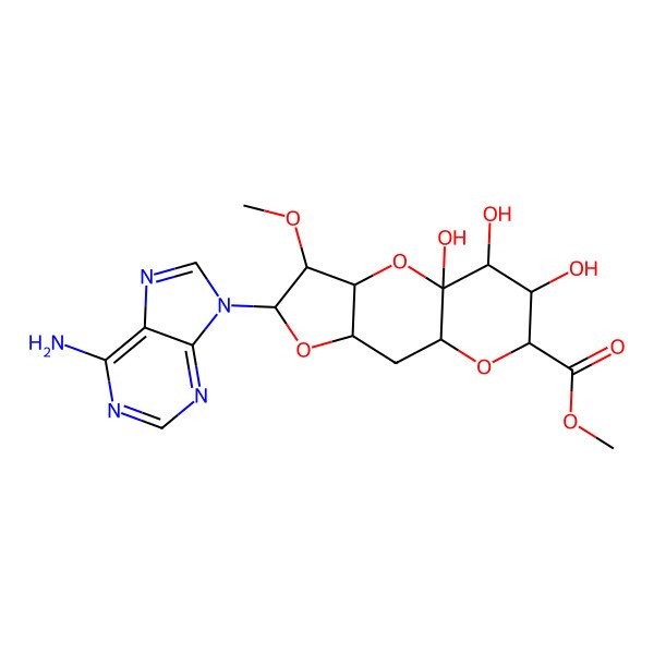 2D Structure of methyl (1R,3R,4S,5R,7R,9R,11S,12S,13S)-5-(6-aminopurin-9-yl)-1,12,13-trihydroxy-4-methoxy-2,6,10-trioxatricyclo[7.4.0.03,7]tridecane-11-carboxylate