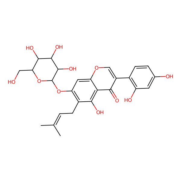2D Structure of 3-(2,4-dihydroxyphenyl)-5-hydroxy-6-(3-methylbut-2-enyl)-7-[(2S,3R,4S,5R,6R)-3,4,5-trihydroxy-6-(hydroxymethyl)oxan-2-yl]oxychromen-4-one