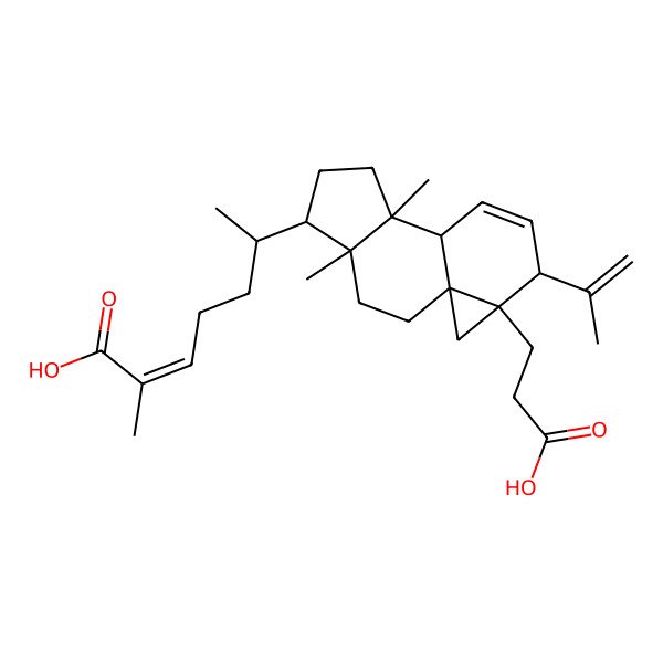 2D Structure of (Z,6R)-6-[(1S,4R,5R,8S,9S,12S,13R)-13-(2-carboxyethyl)-4,8-dimethyl-12-prop-1-en-2-yl-5-tetracyclo[7.5.0.01,13.04,8]tetradec-10-enyl]-2-methylhept-2-enoic acid